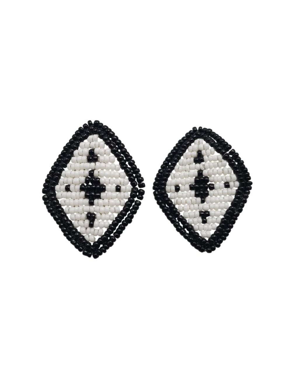 Black & White Handmade Beaded Diamond Stud Earrings With Geometric Design